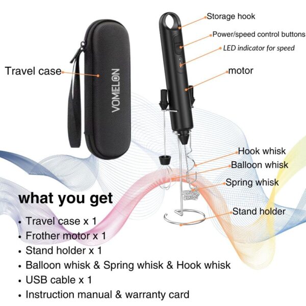 Rechargeable Milk Frother Handheld 3 Speed Coffee Foamer [3 Whisk] Electric Drink Mixer for Latte, Cappuccino, Coffee, Eggs, Hot Chocolate - Image 2